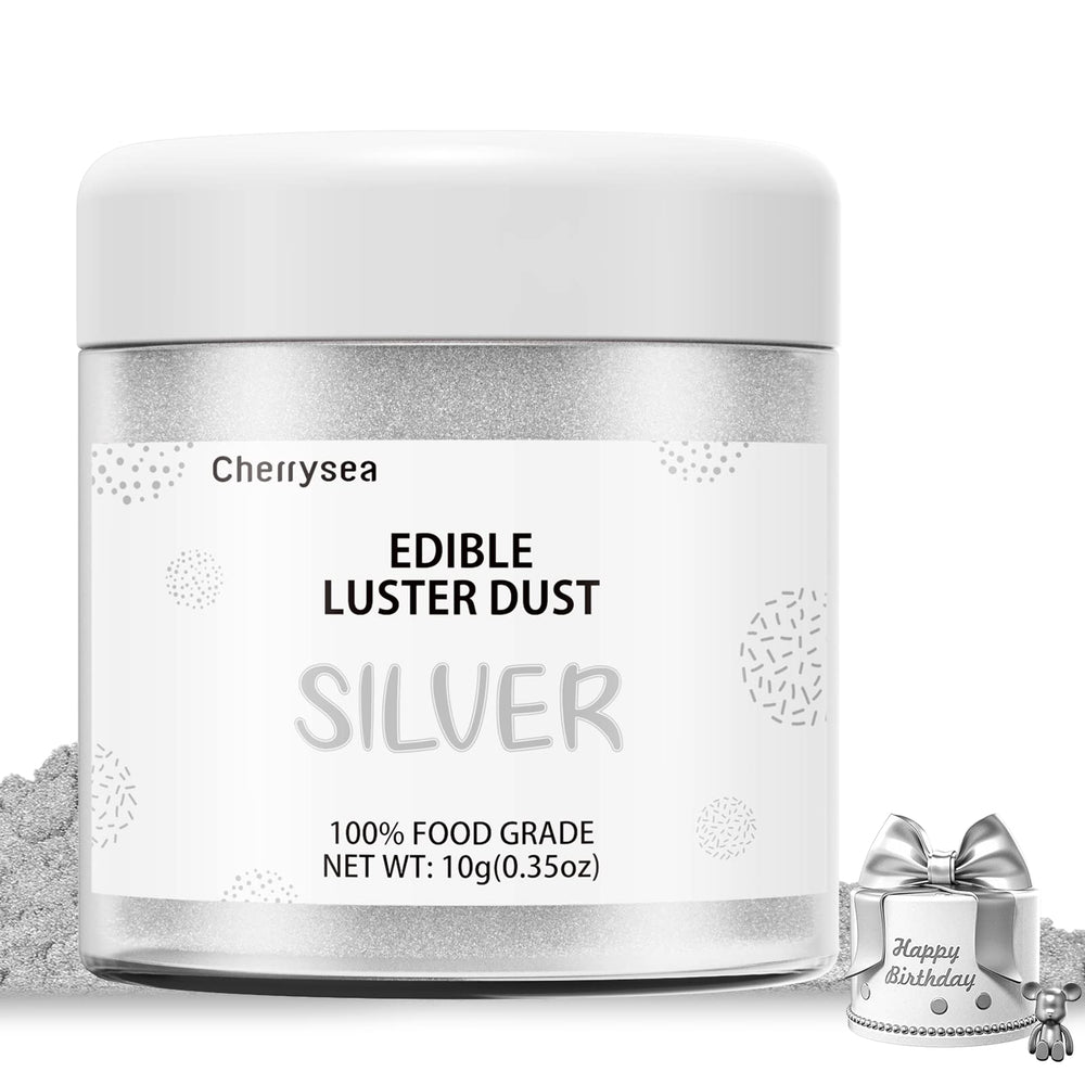 Cherrysea Silver Edible Luster Dust packaging shows premium shimmer for decorations.