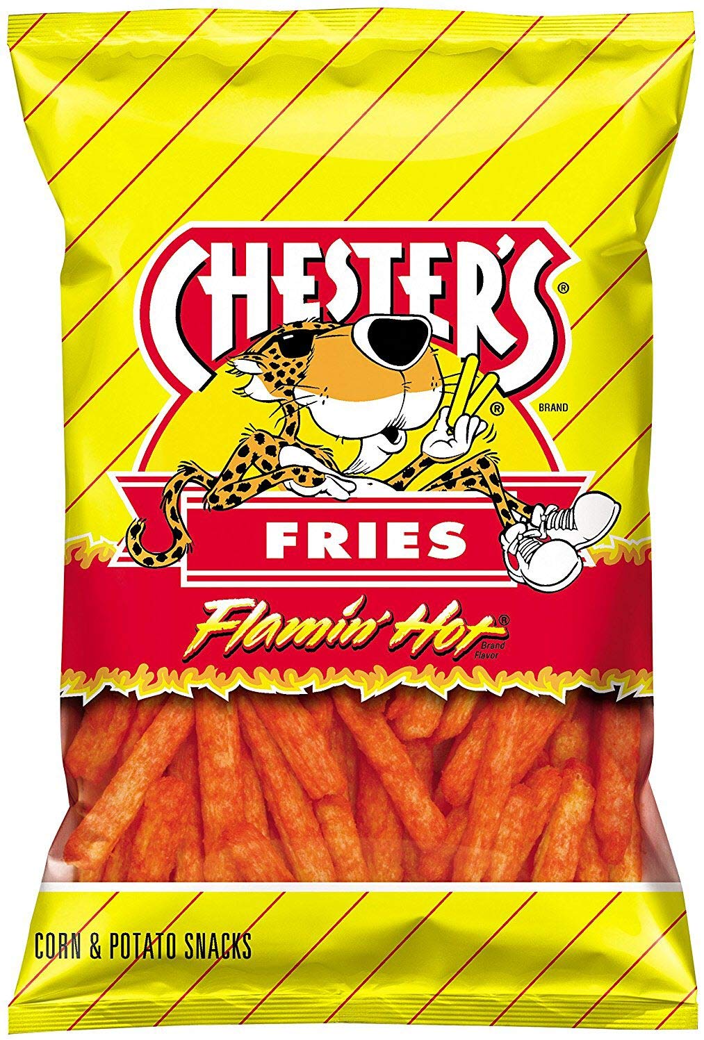 Chesters Flamin' Hot Fries bag closeup: fiery flavor and crisp texture ready to share.
