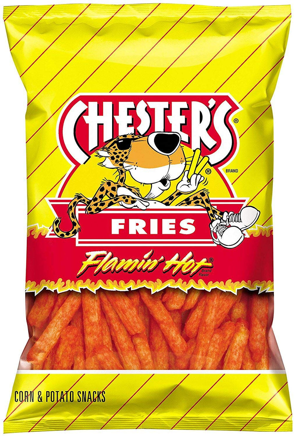 Chesters Flamin' Hot Fries bag closeup: fiery flavor and crisp texture ready to share.