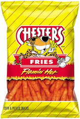 Chesters Flamin' Hot Fries bag closeup: fiery flavor and crisp texture ready to share.