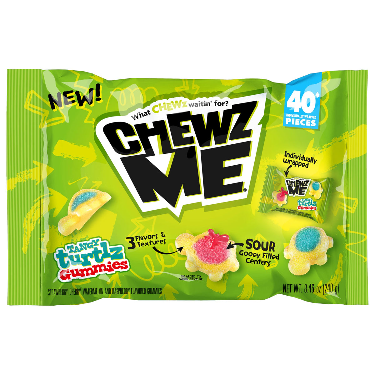 CHEWZ ME Tangy Turtlz Gummies box front shows colorful triple-flavor candy.