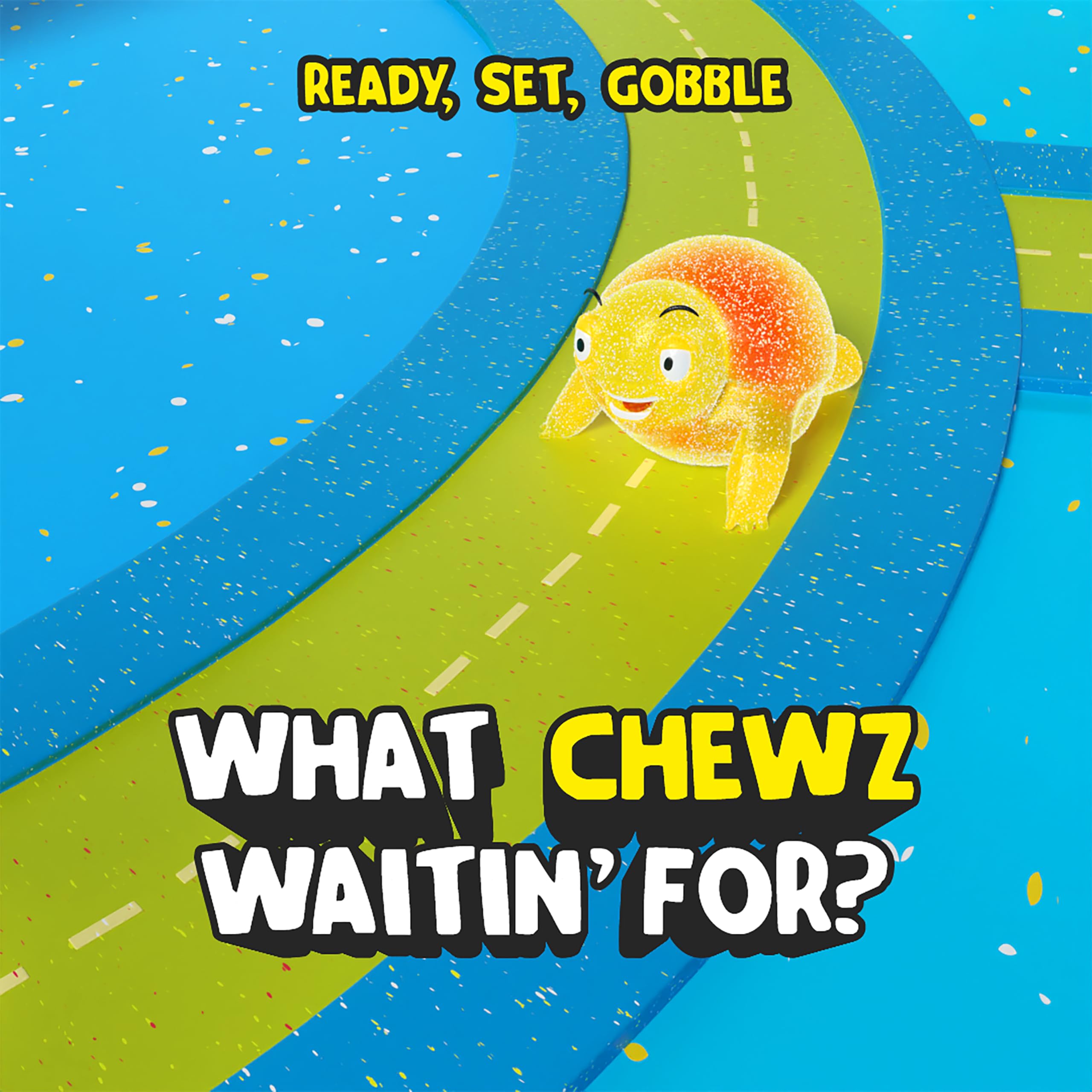 Tangy bite from CHEWZ ME Tangy Turtlz Gummies with a sour splash.
