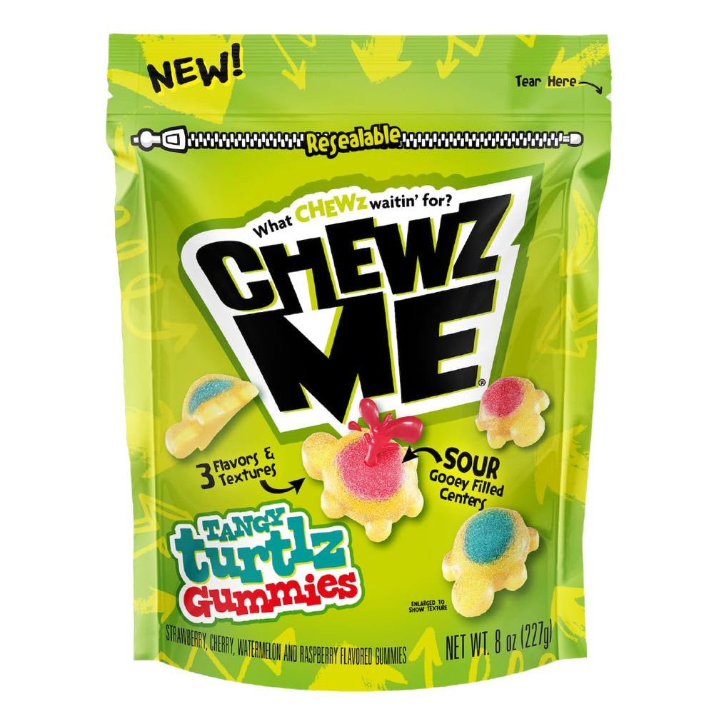 ChewzMe Tangy Turtlz gummies pack front showcasing assorted flavors for on-the-go snacking.