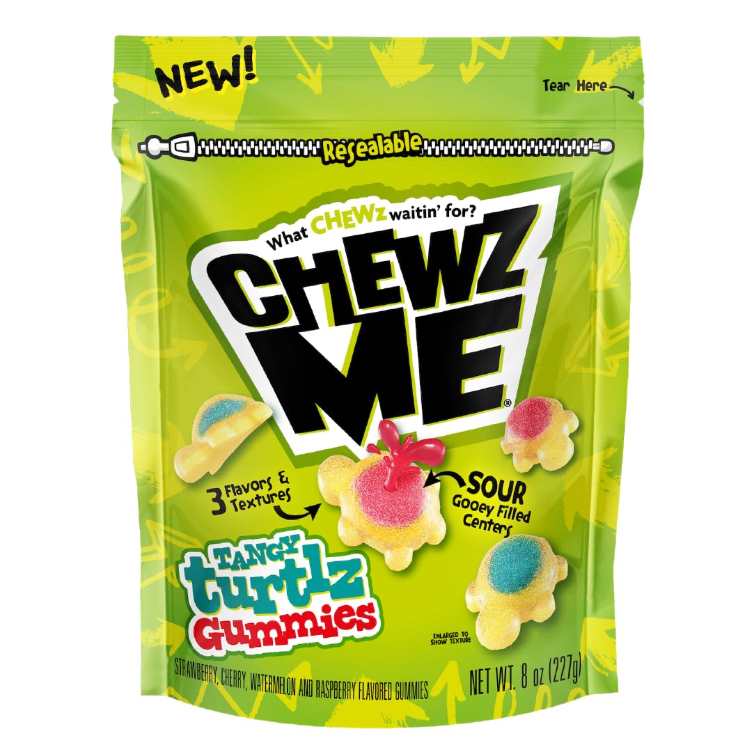 ChewzMe Tangy Turtlz gummies pack front showcasing assorted flavors for on-the-go snacking.