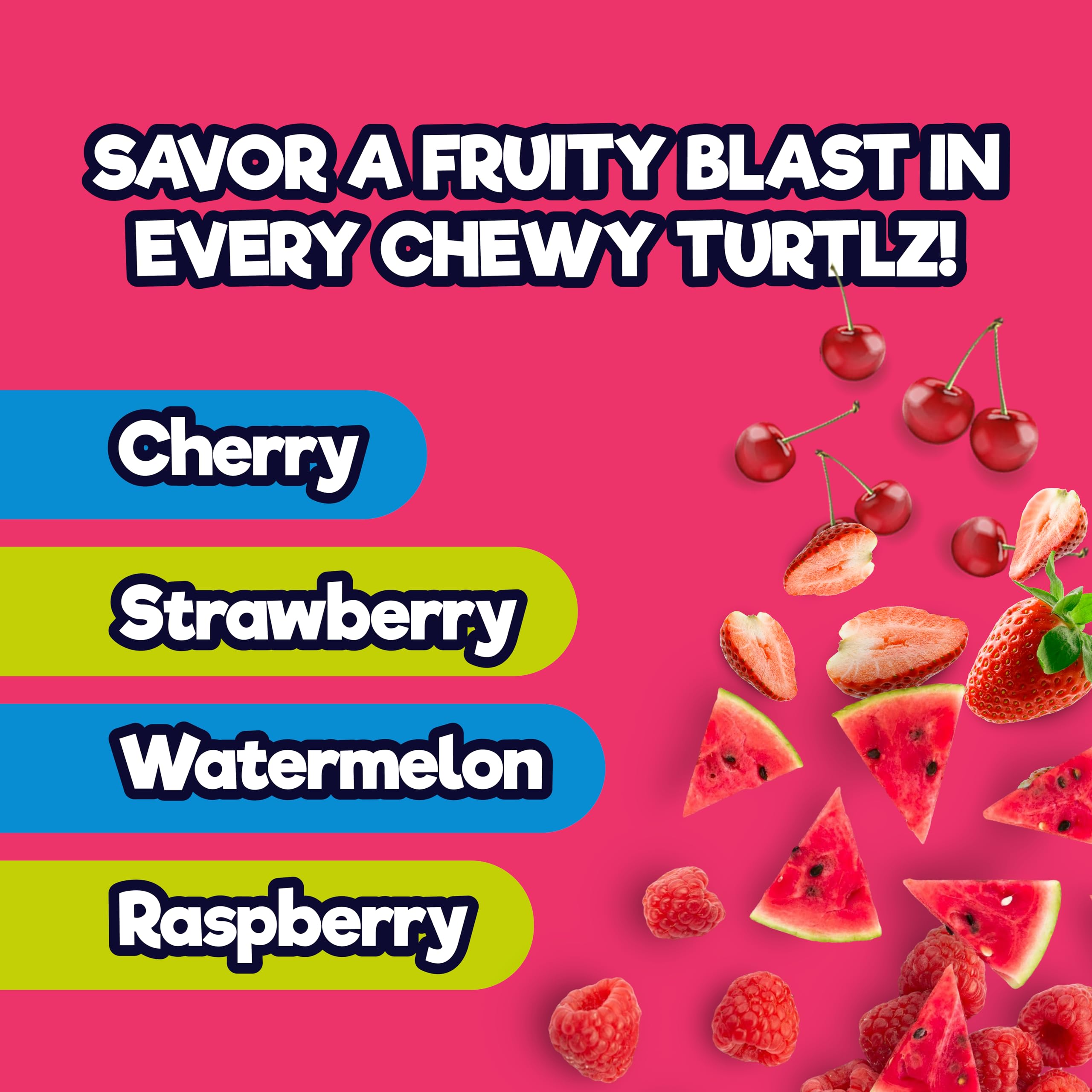 ChewzMe Tangy Turtlz assorted flavors badge emphasizing cane sugar sweetness.