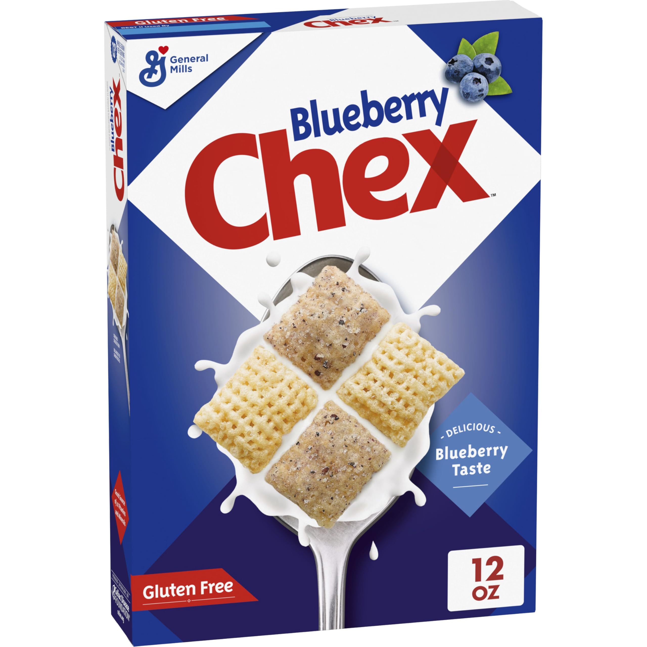 Chex Blueberry Cereal box front highlighting gluten free whole grain breakfast