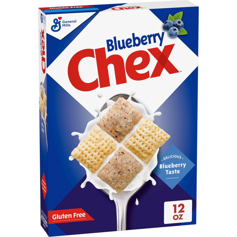 Chex Blueberry Cereal box front highlighting gluten free whole grain breakfast