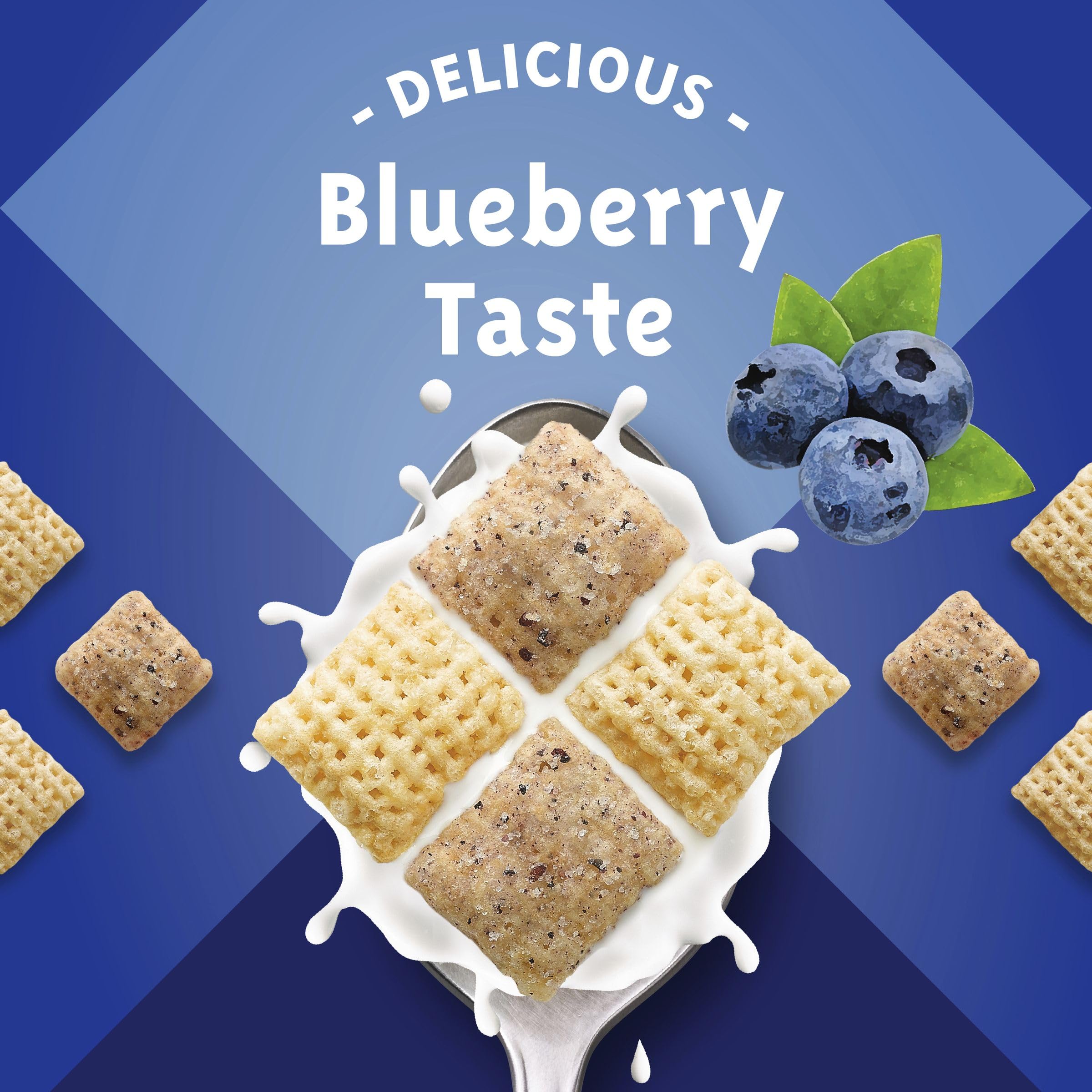 Chex Blueberry Cereal packaging close up emphasising whole grain and no artificial flavors