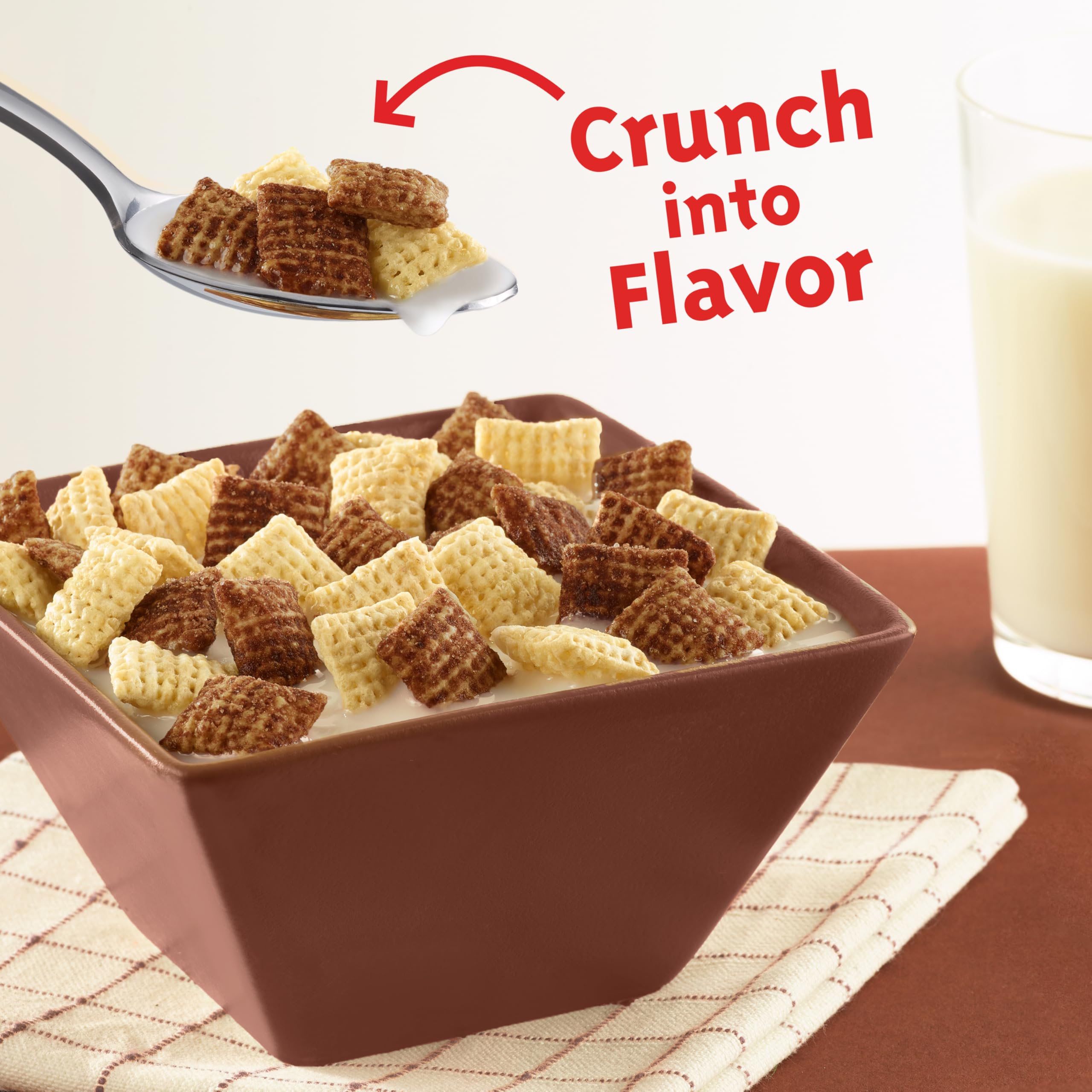 Close-up of Chex Chocolate Cereal chocolatey squares with rich aroma