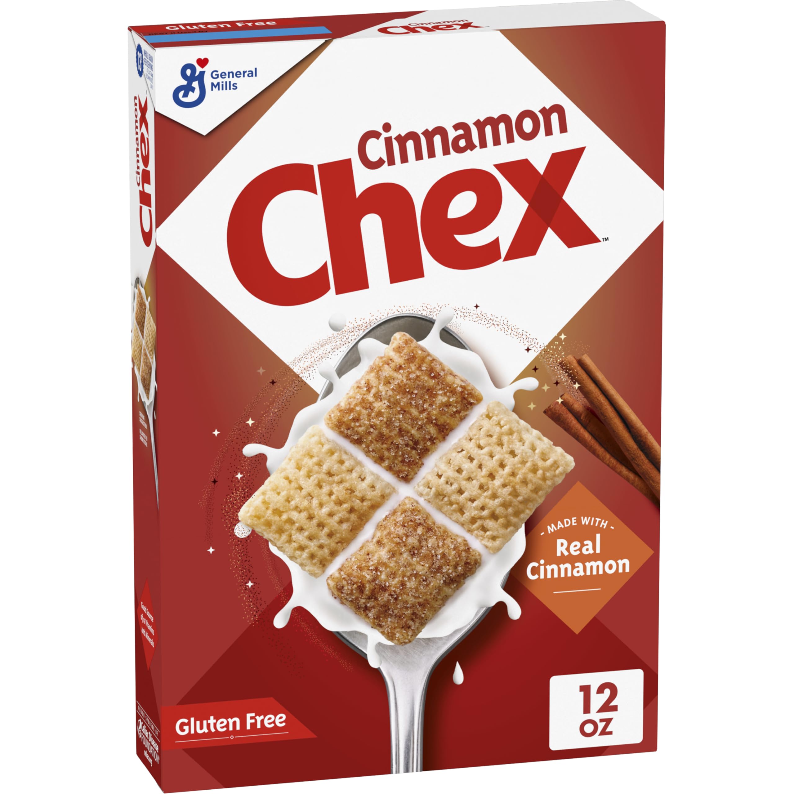 Chex Cinnamon cereal box front, highlighting gluten-free whole grain breakfast option