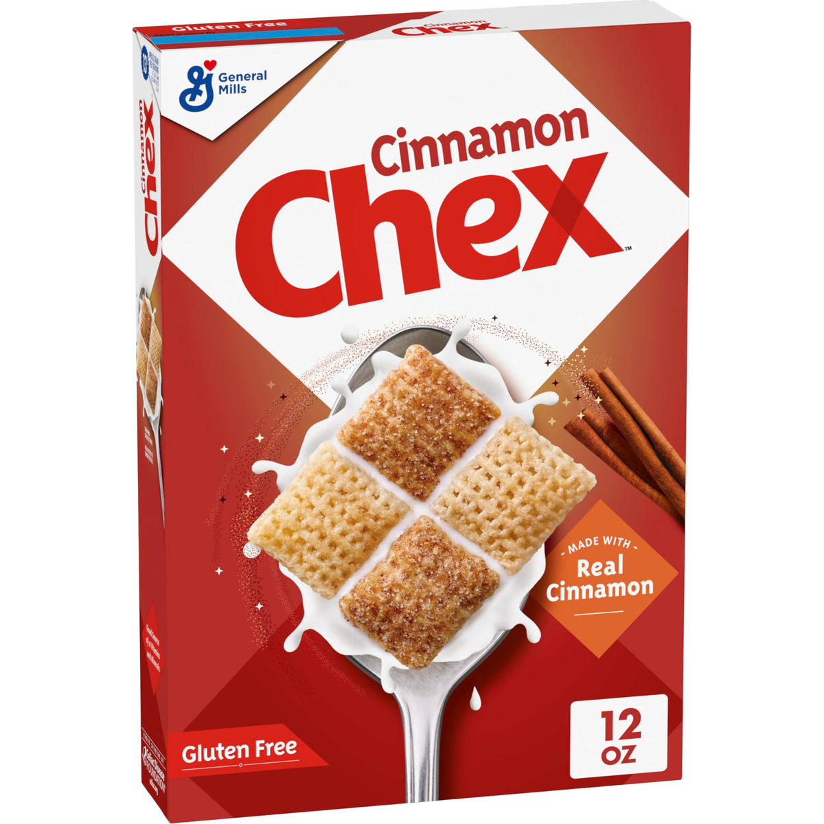 Chex Cinnamon cereal box front, highlighting gluten-free whole grain breakfast option