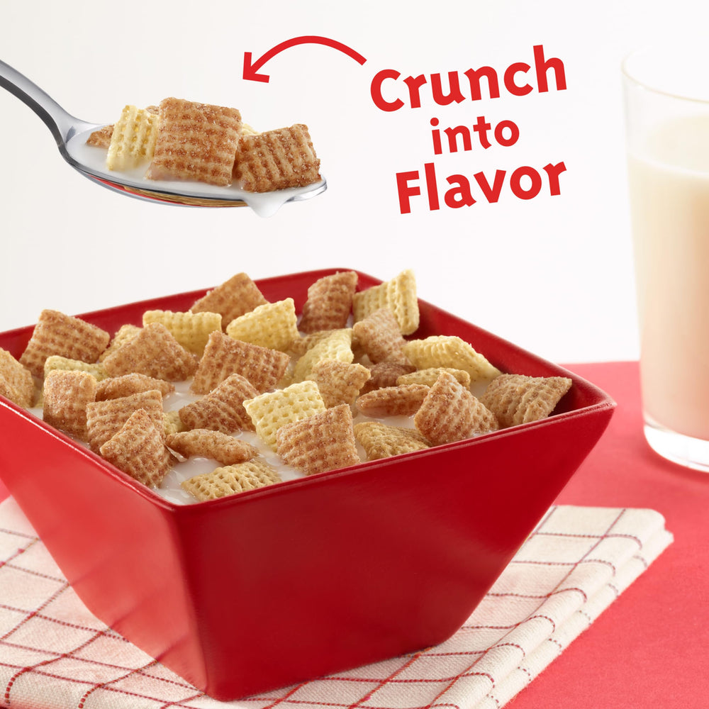 Gluten-free emblem on Cinnamon Chex pack signals safe breakfast option