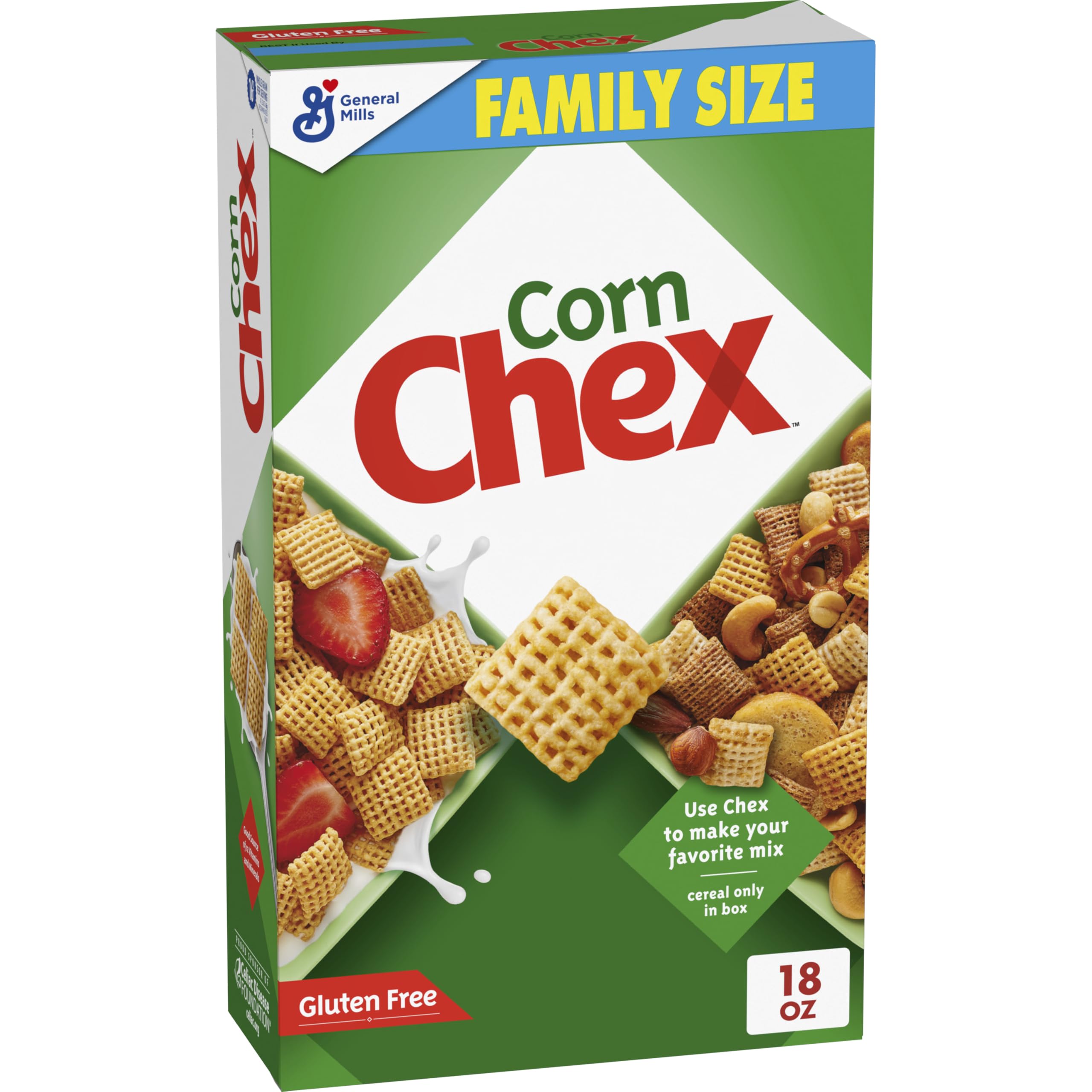 Chex Corn Cereal bowl serving highlights gluten-free breakfast with whole grain goodness.