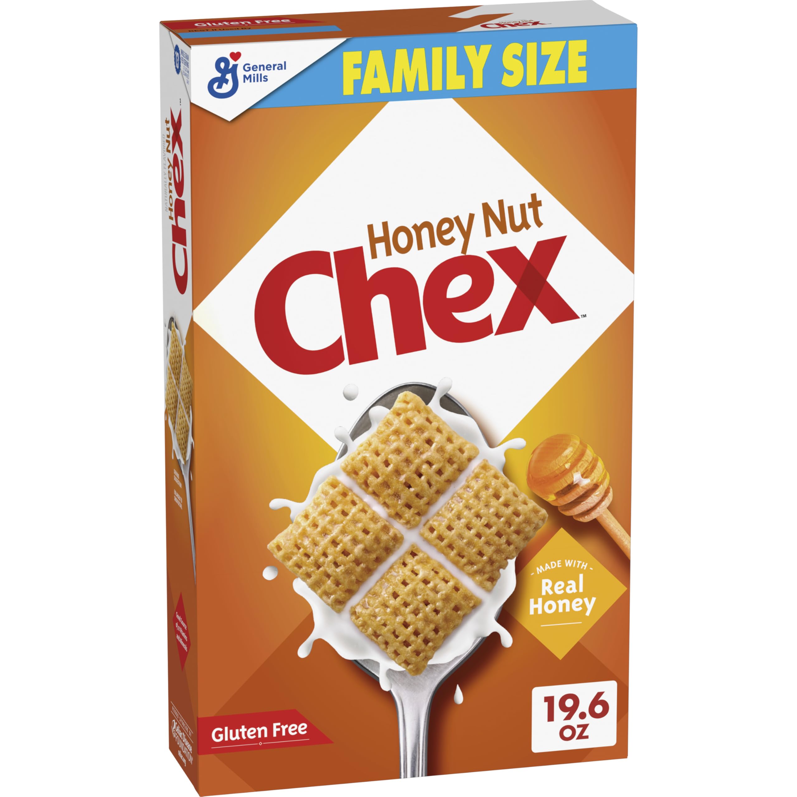 Chex Honey Nut Cereal box shown as a family-size gluten-free breakfast option.