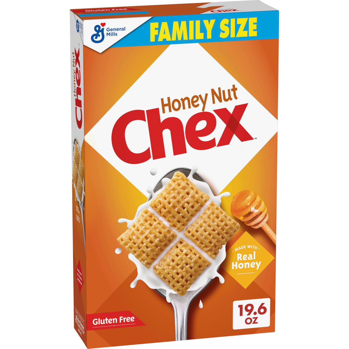 Chex Honey Nut Cereal box shown as a family-size gluten-free breakfast option.