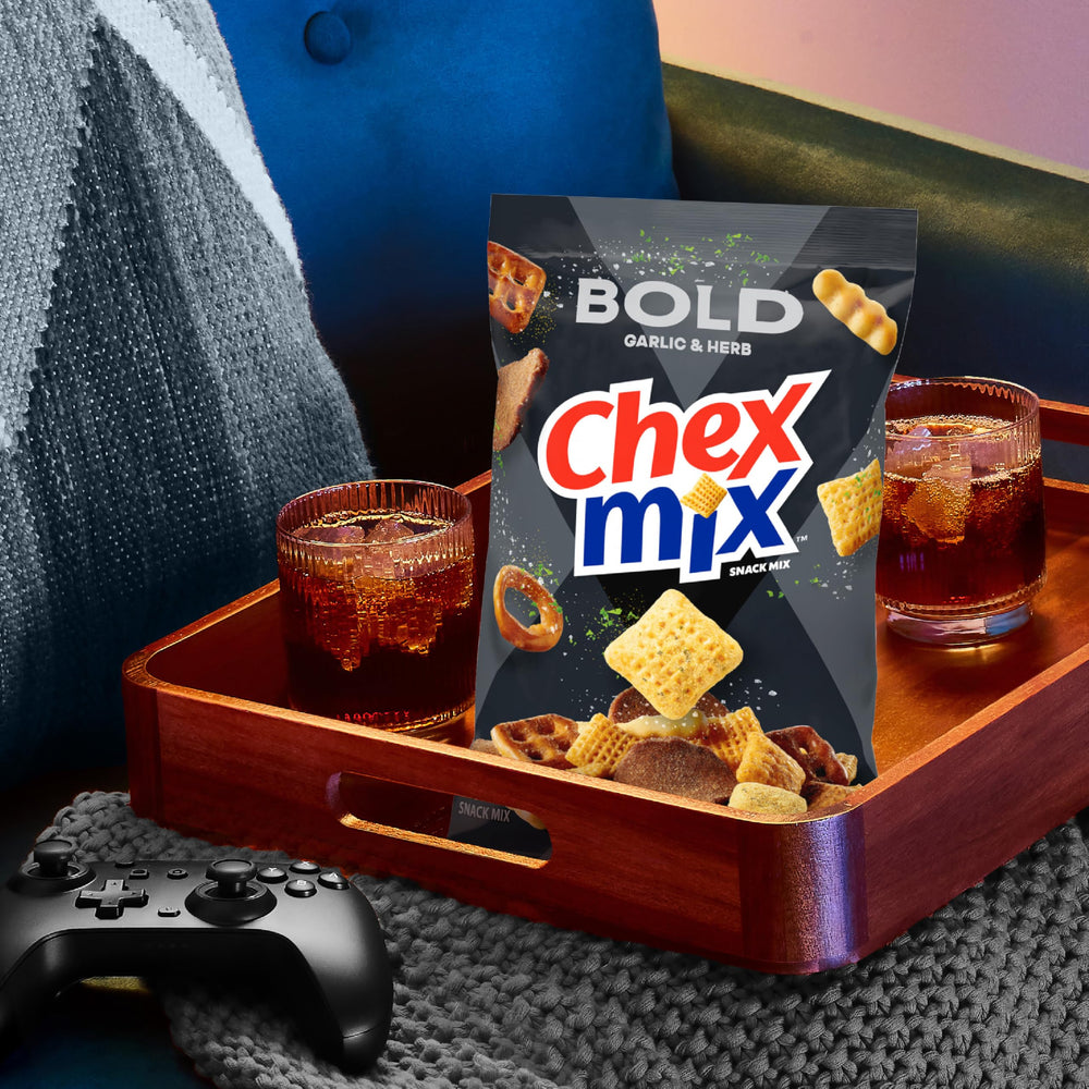 Chex Mix Bold Garlic and Herb mixed shapes offer varied crunch