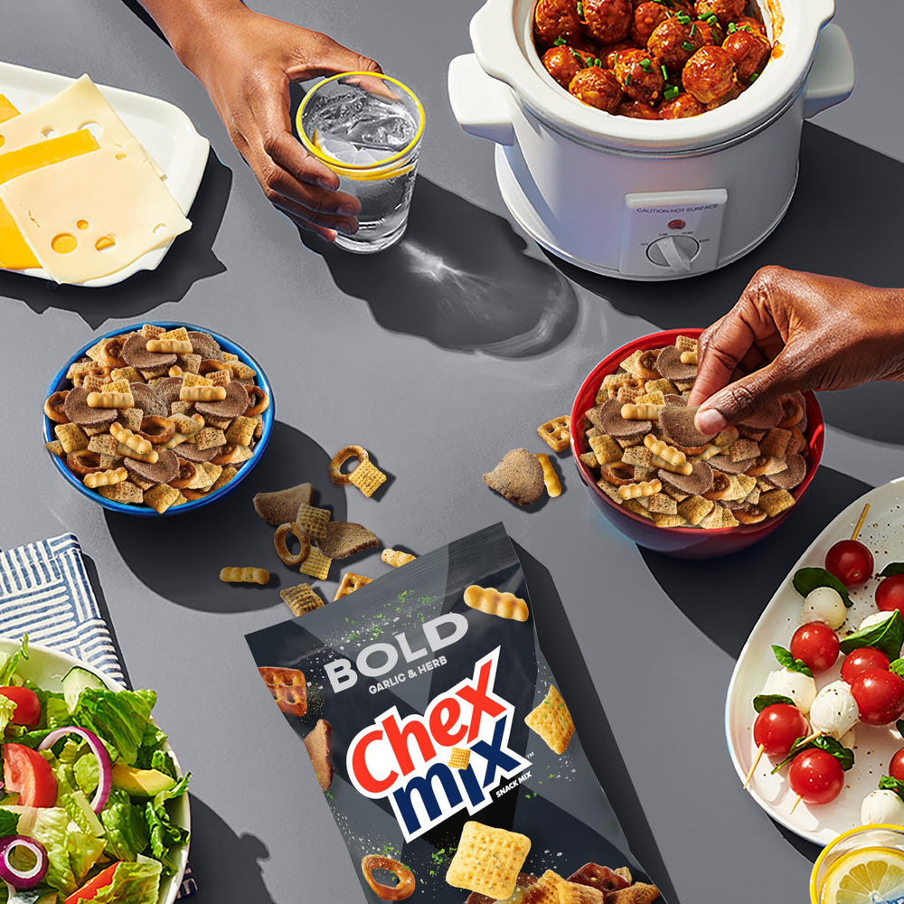 Chex Mix Bold Garlic and Herb snack bowl ready for serving