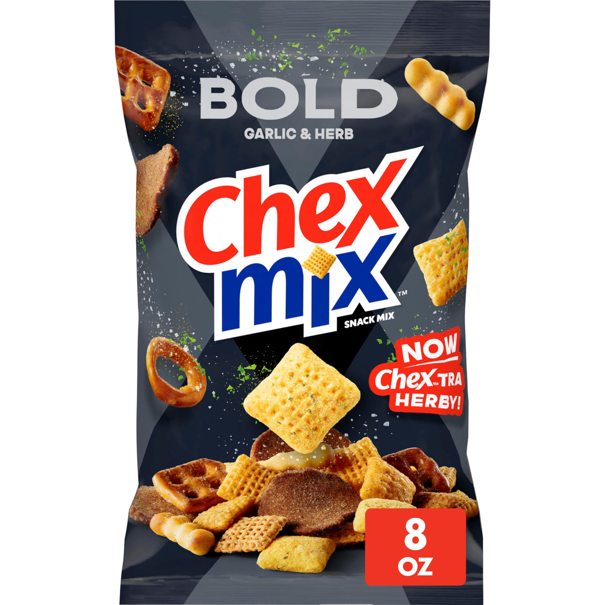 Chex Mix Bold Garlic and Herb snack chips: crackly garlic flavor in every bite
