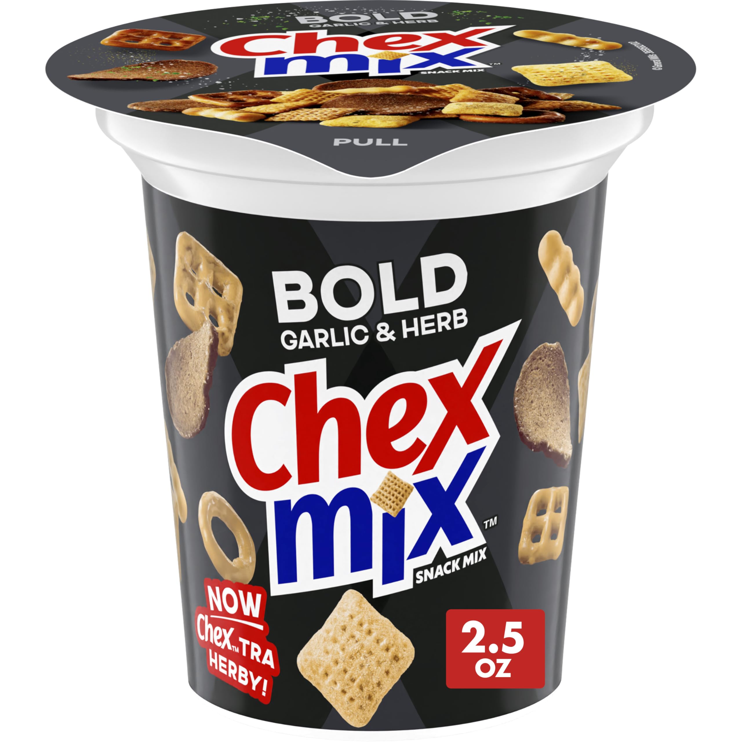 Chex Mix Bold Garlic and Herb snack cup close-up for on-the-go crunch