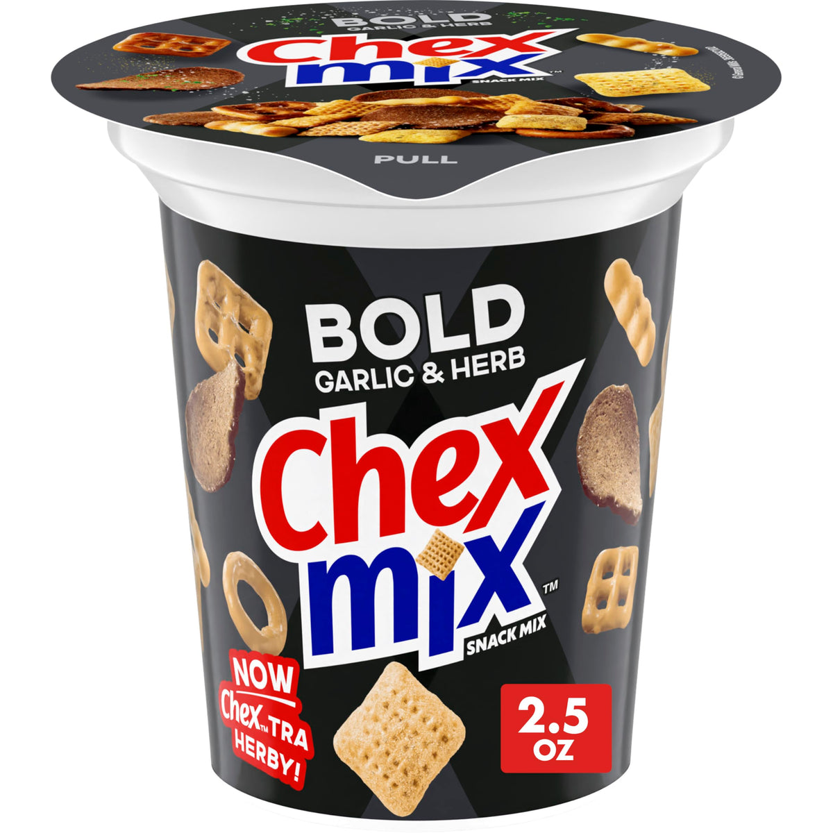 Chex Mix Bold Garlic and Herb snack cup close-up for on-the-go crunch