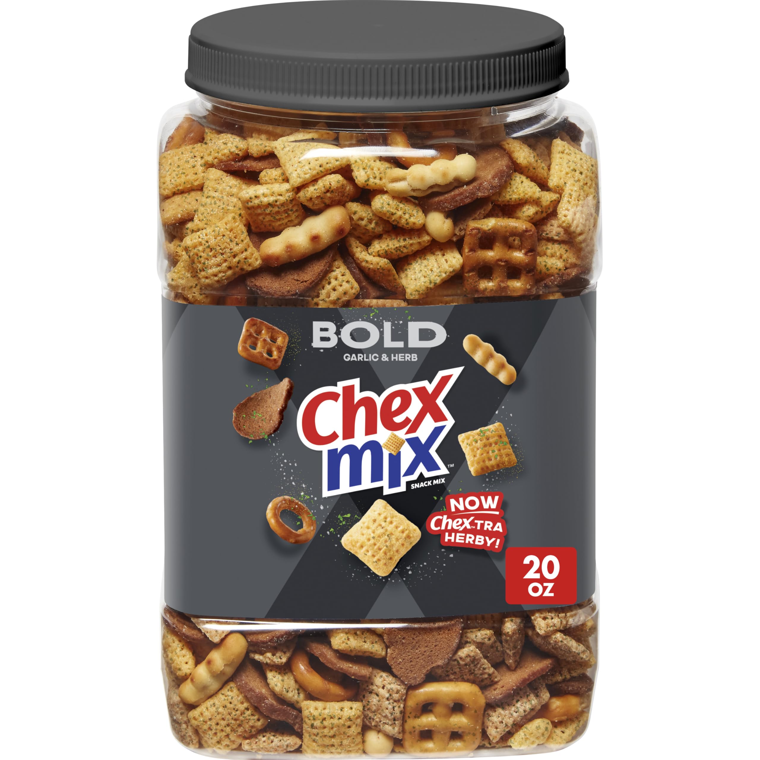 Chex Mix Bold Garlic and Herb snack tub front view showing 20 oz size and packaging.