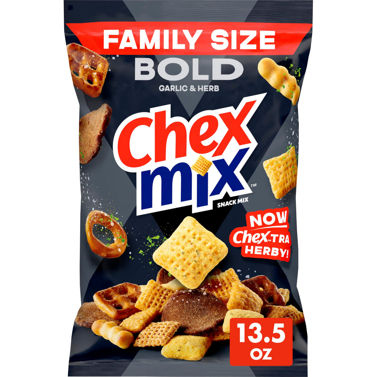 Chex Mix Bold Garlic and Herb squares ready for sharing crunch