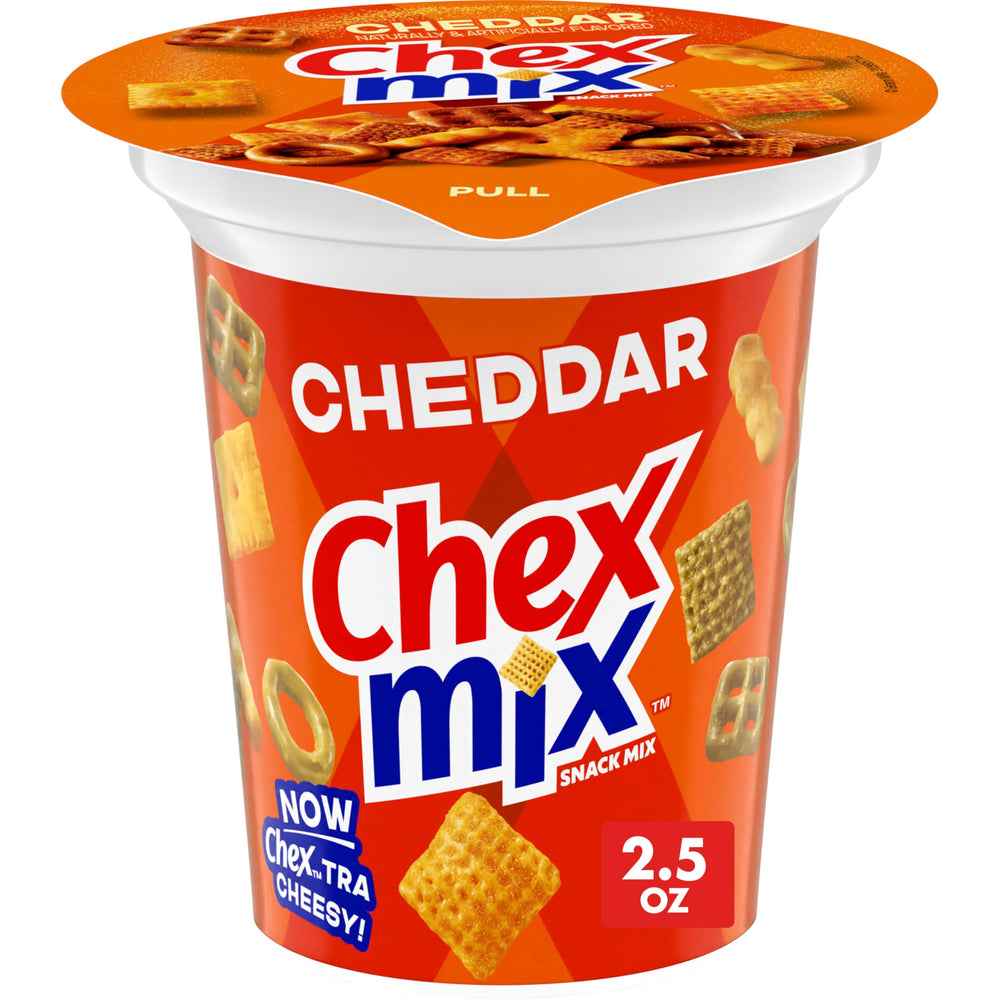 Chex Mix Cheddar Snack Cup on the go, a savory crunch for travel snacking.