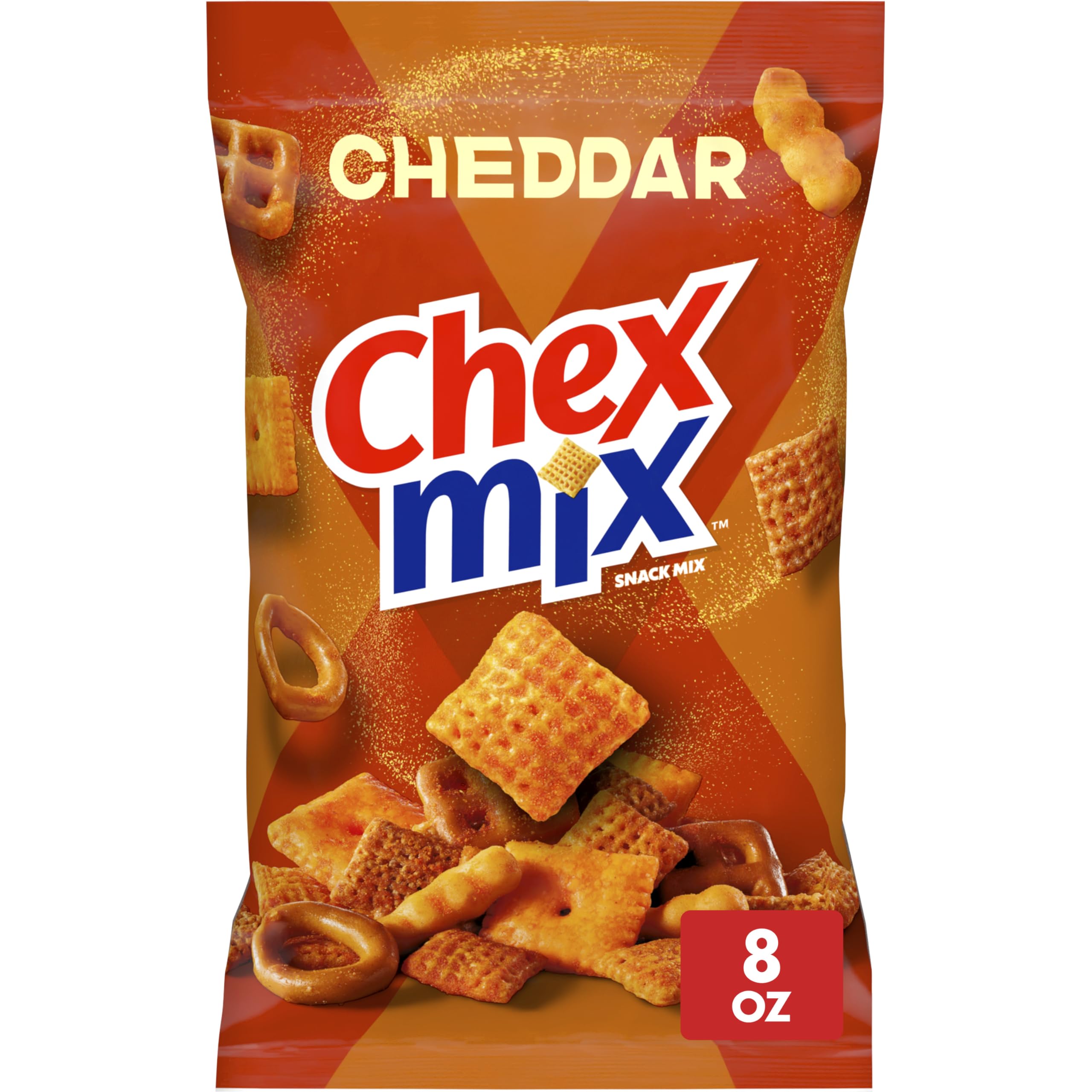 Chex Mix Cheddar Snack Mix bag showcases a cheesy, crowd-pleasing savory treat for sharing.