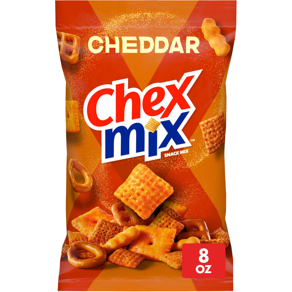 Chex Mix Cheddar Snack Mix bag showcases a cheesy, crowd-pleasing savory treat for sharing.