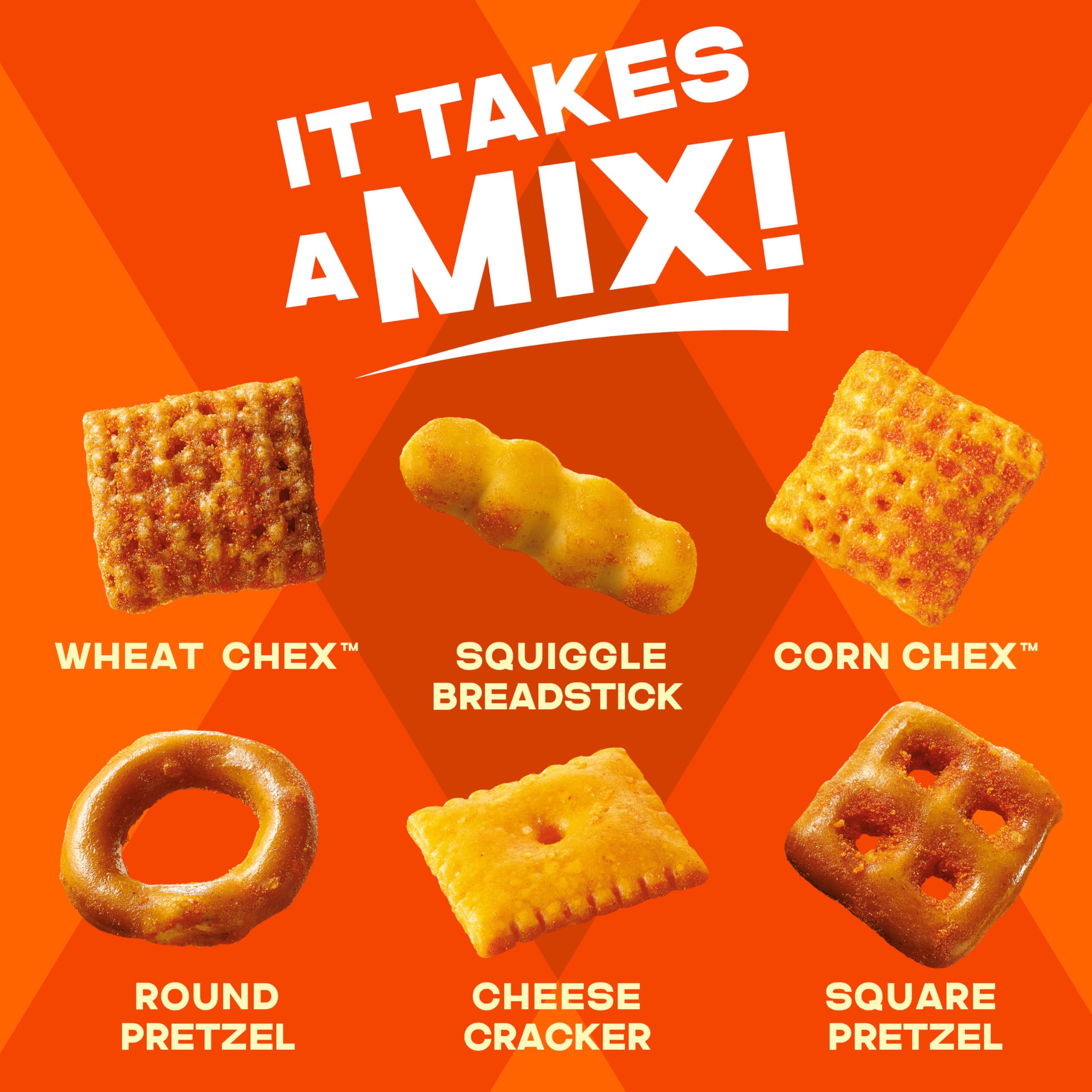 Chex Mix Cheddar features round pretzels and cheese crackers for savory flavor.
