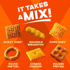 Chex Mix Cheddar features round pretzels and cheese crackers for savory flavor.