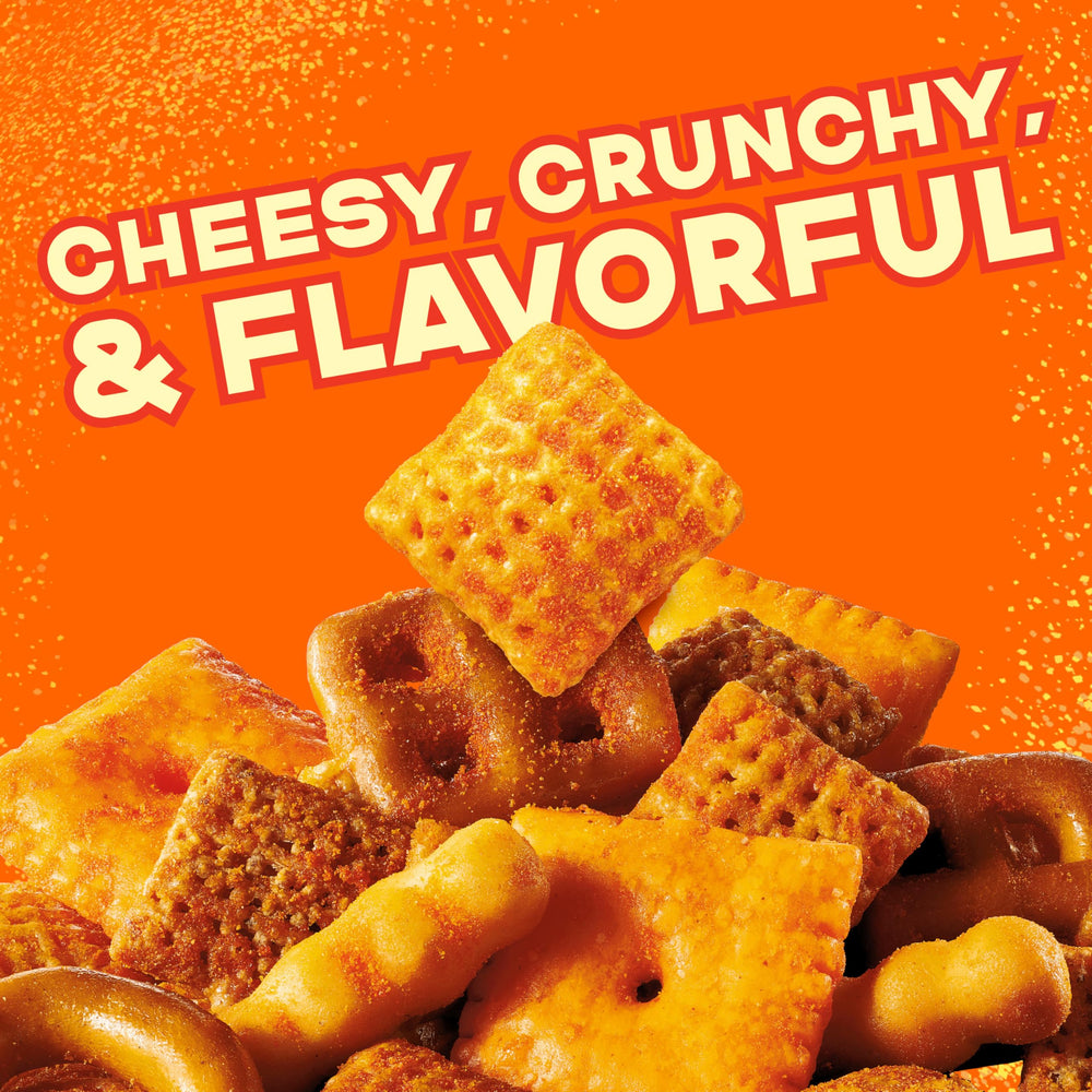 Chex Mix Cheddar Snack Mix delivers varied textures for movie night enjoyment.