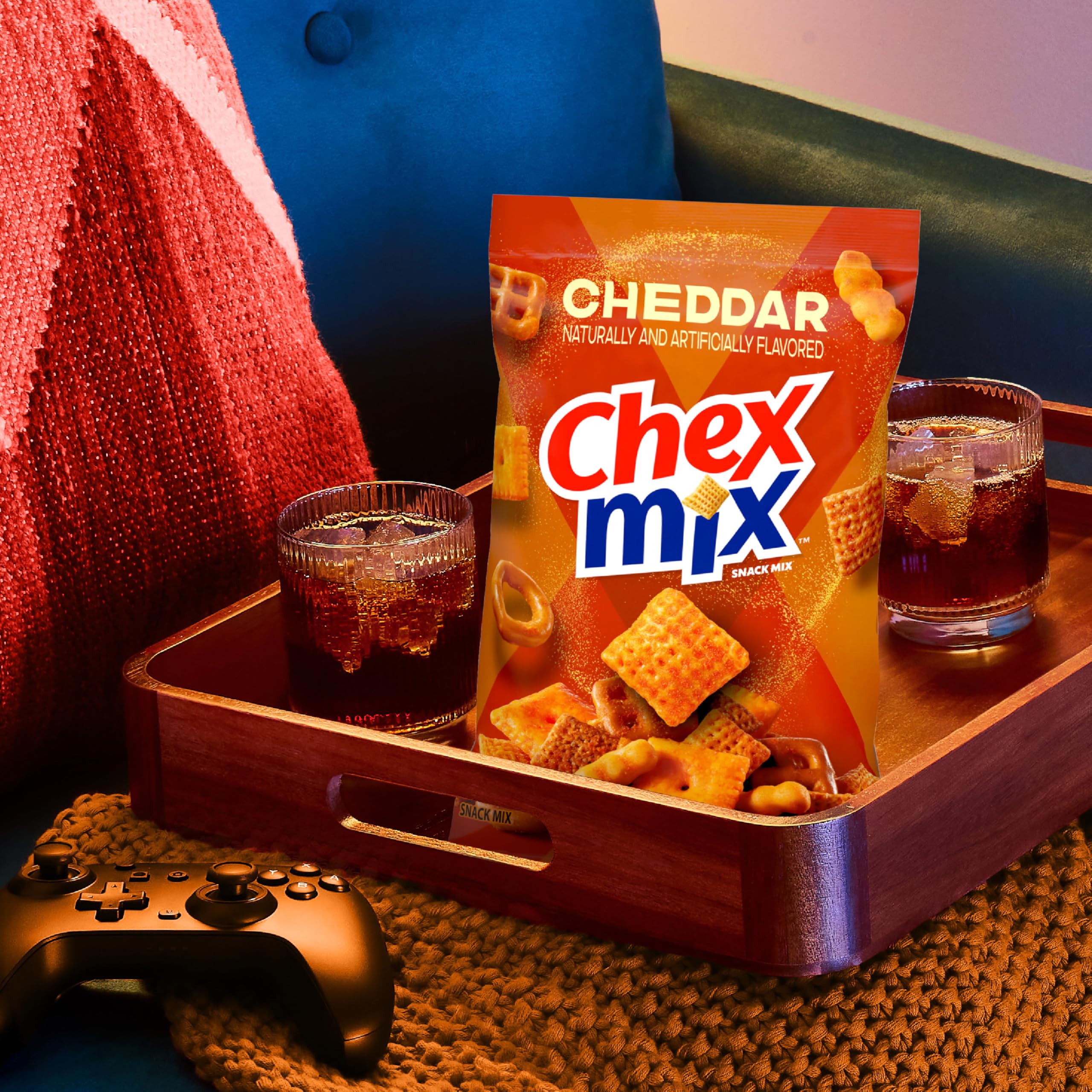Chex Mix Cheddar Snack Mix square pretzels offer salty crunch