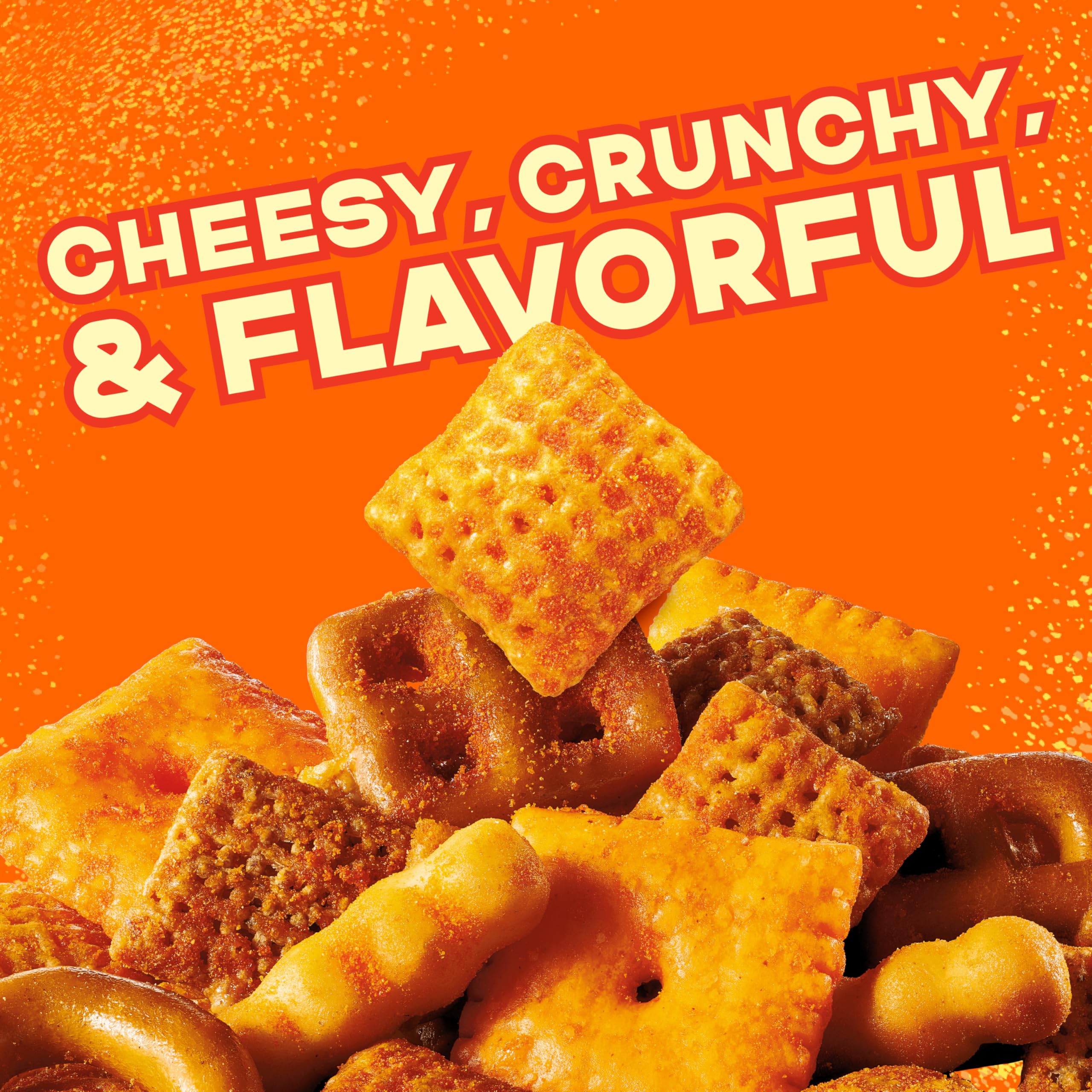 Chex Mix Cheddar Snack Mix with wheat Chex visible, showcasing variety