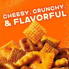 Chex Mix Cheddar Snack Mix with wheat Chex visible, showcasing variety