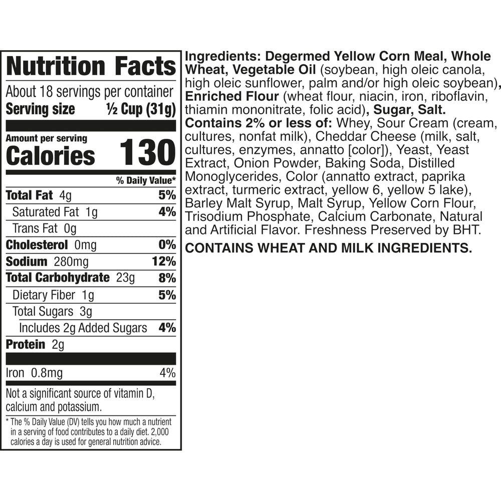 Chex Mix Cheddar tub close-up crunch highlights cheesy, crispy textures.