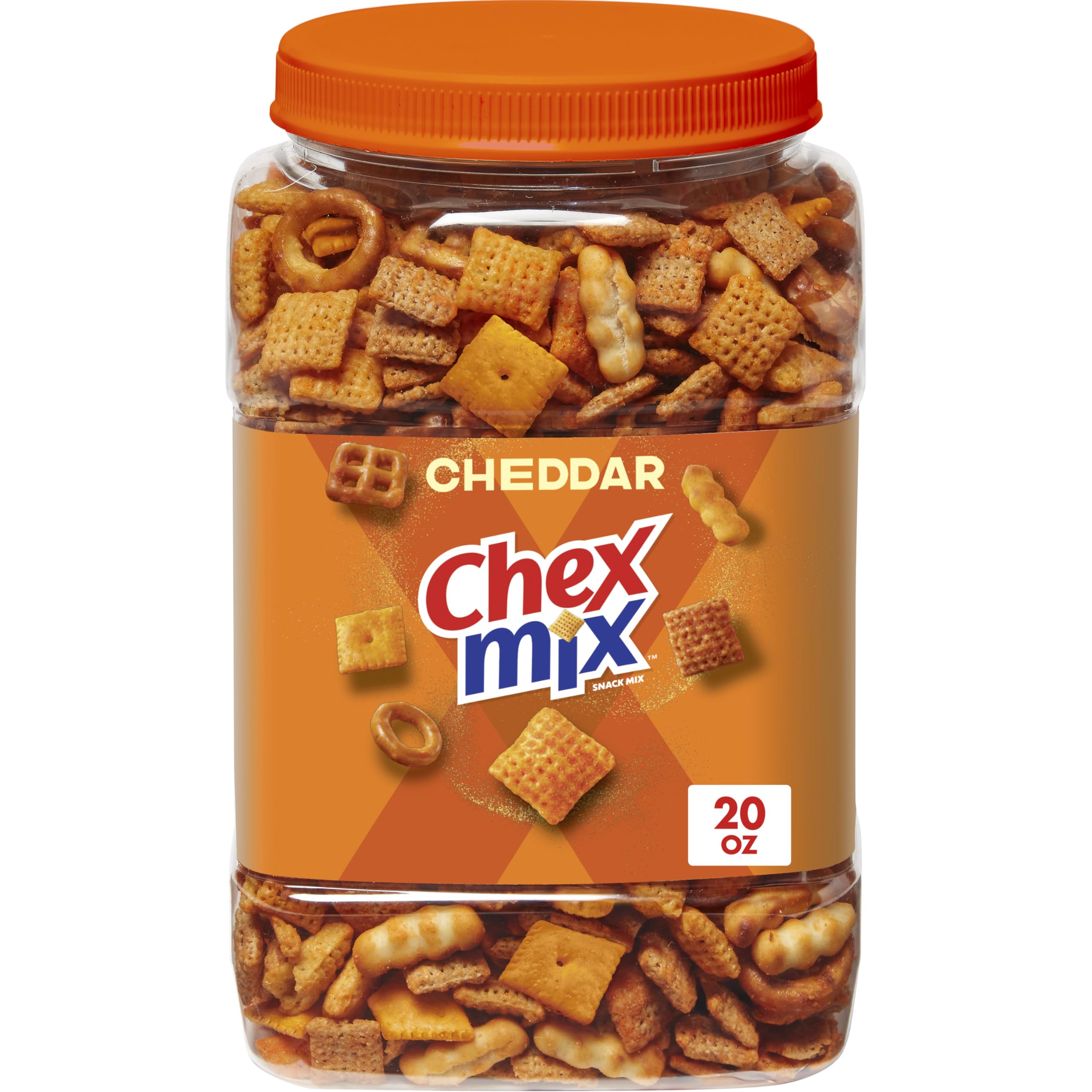 Chex Mix Cheddar tub top view, a crowd-pleasing snack for gatherings.