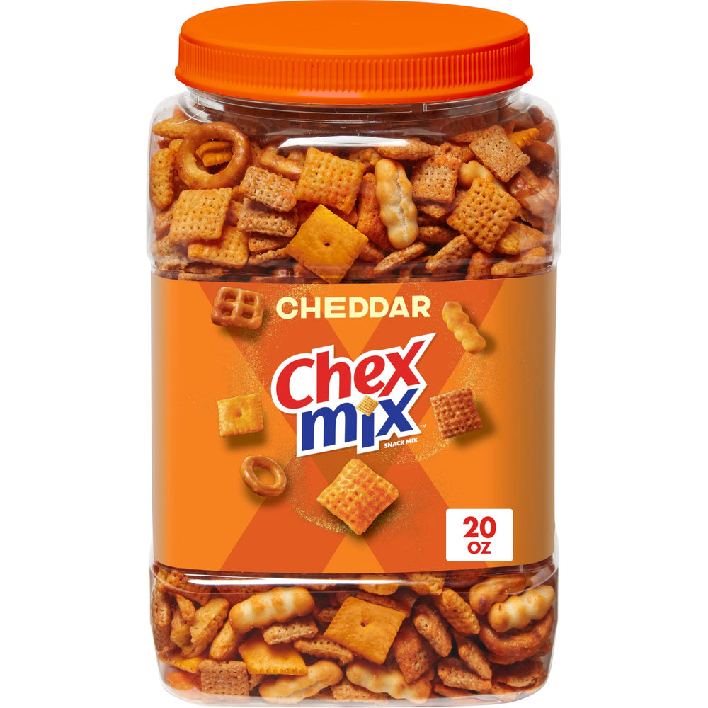 Chex Mix Cheddar tub top view, a crowd-pleasing snack for gatherings.