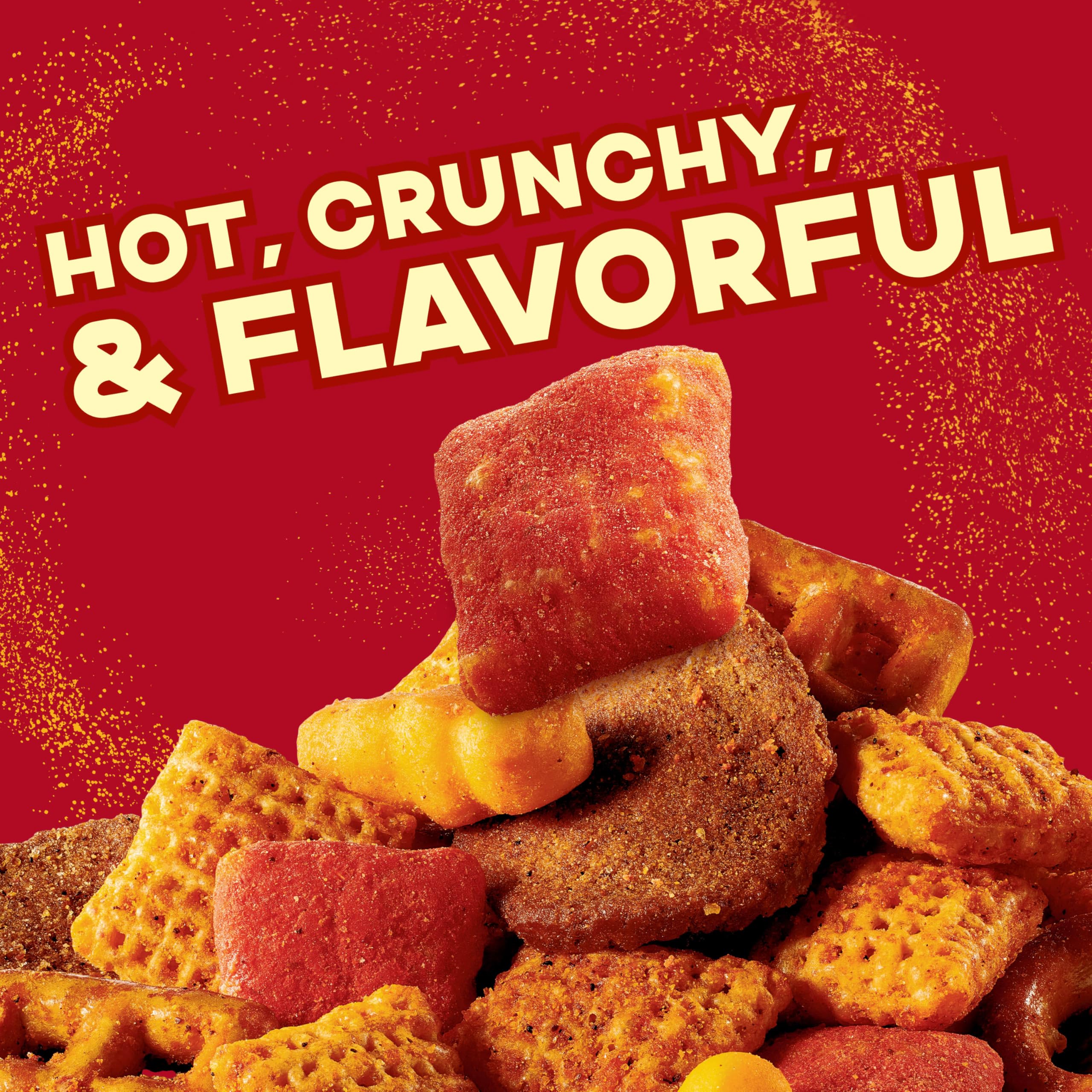 Chex Mix Hot and Spicy round pretzels close-up with savory crunch