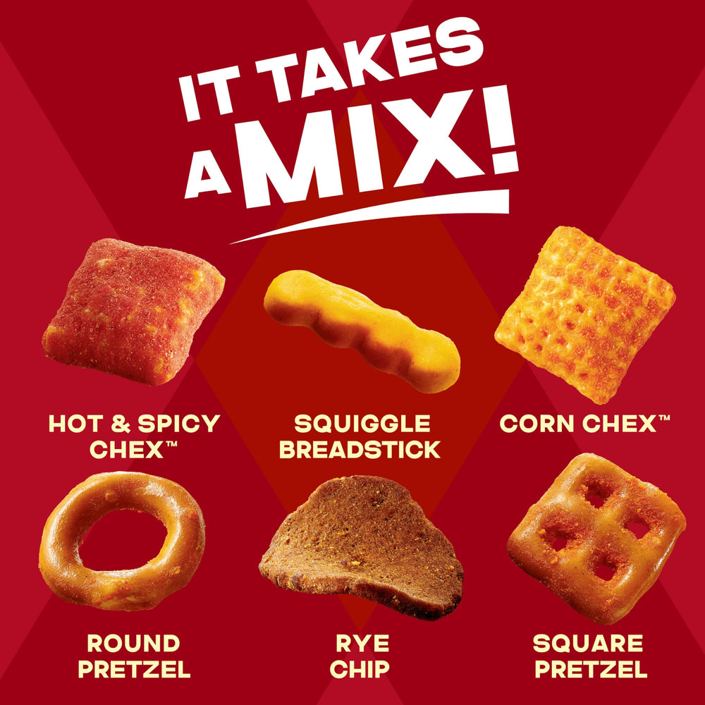 Chex Mix Hot and Spicy square pretzels close-up with peppery bite