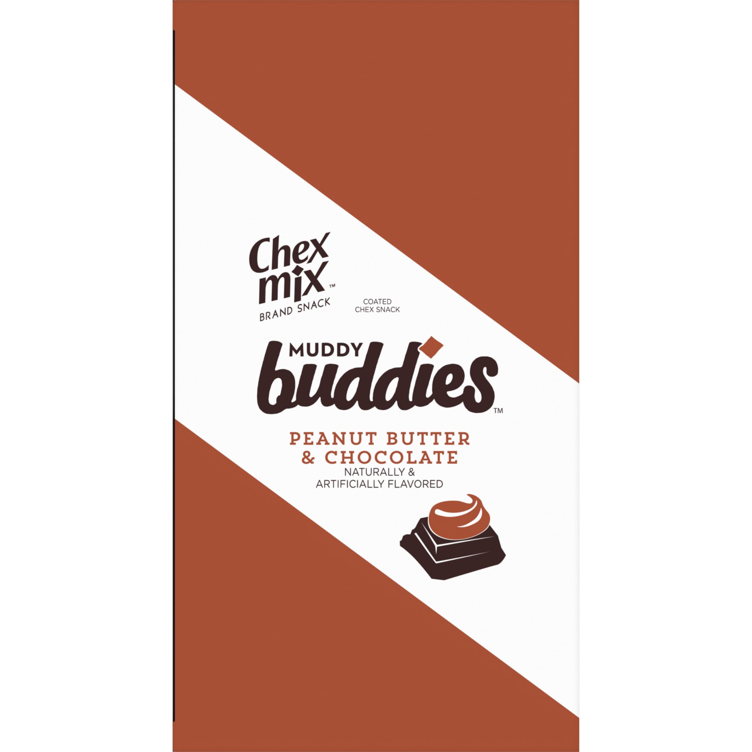 Chex Mix Muddy Buddies peanut butter chocolate pieces, crispy chex with a chocolatey coating.