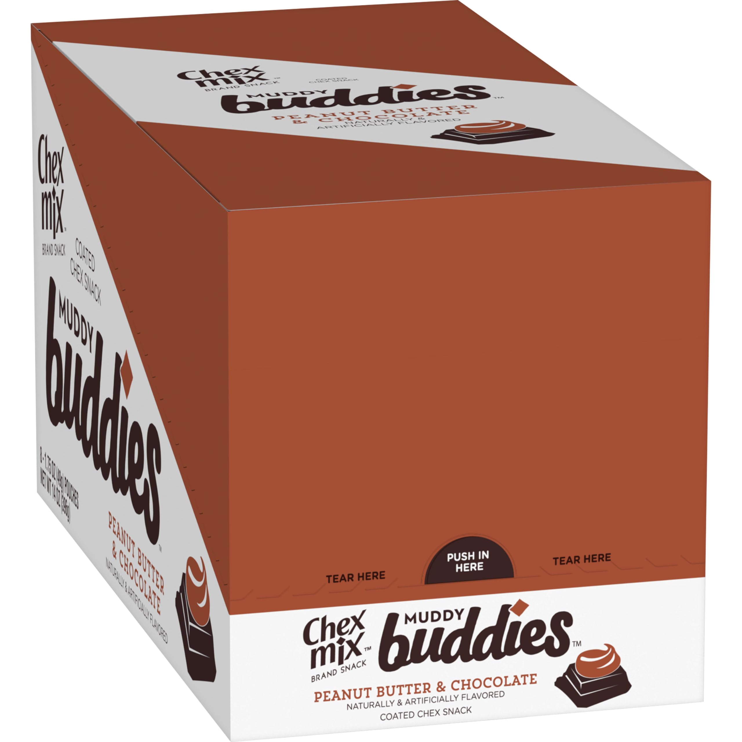 Chex Mix Muddy Buddies 8-count packaging close-up, ideal for on-the-go snacking.