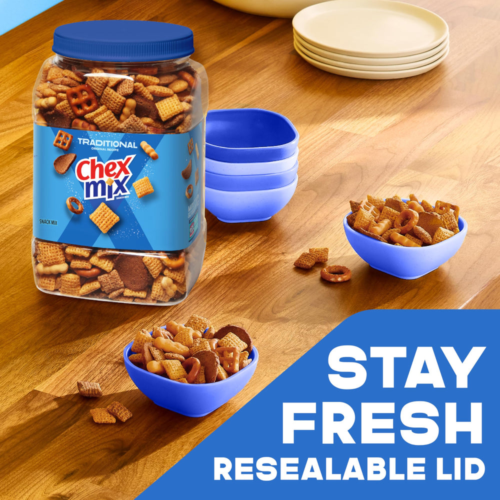 Party snack bowl setup with Chex Mix ready to share.
