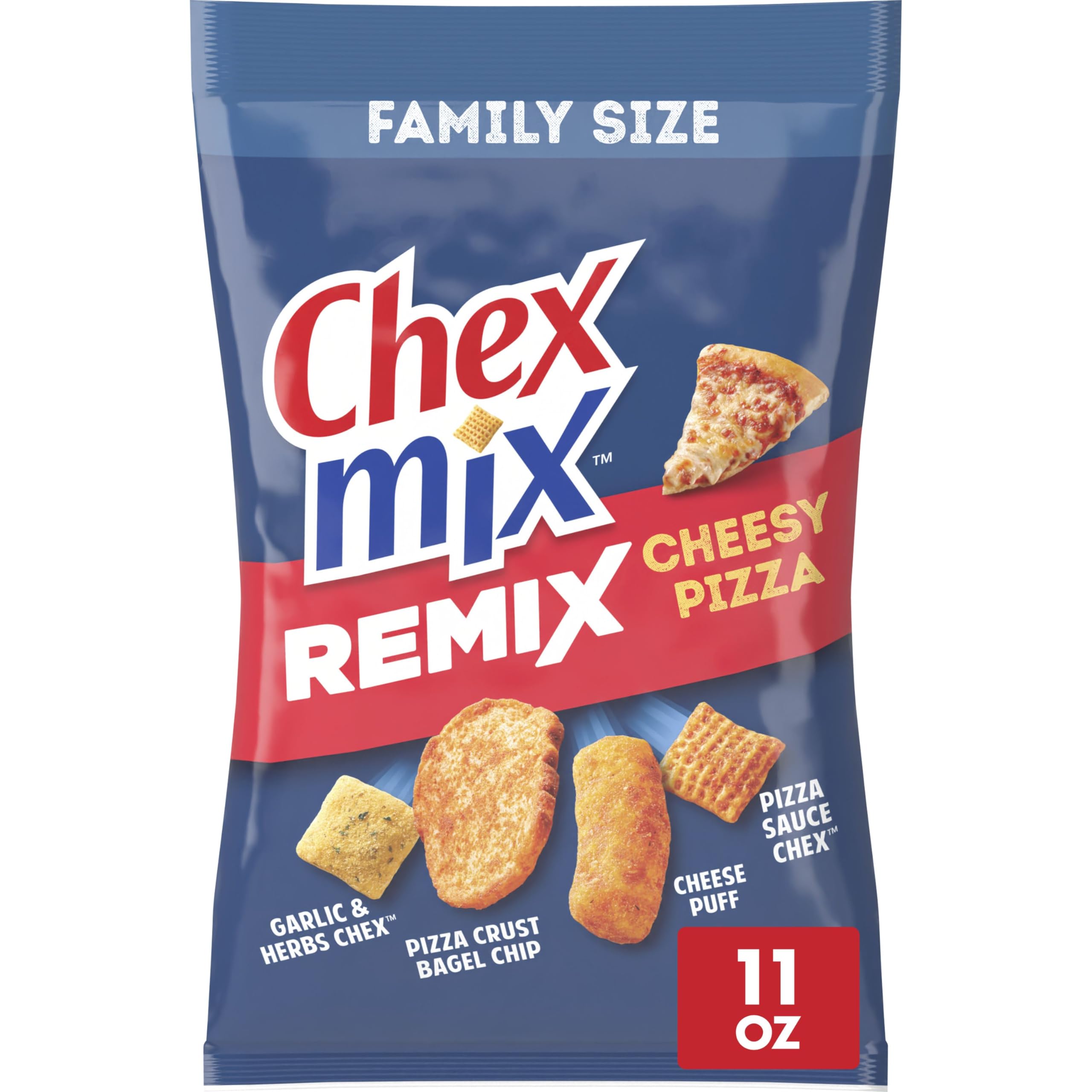Chex Mix Remix Cheesy Pizza snack bag shows pizza-flavored crunch for gatherings