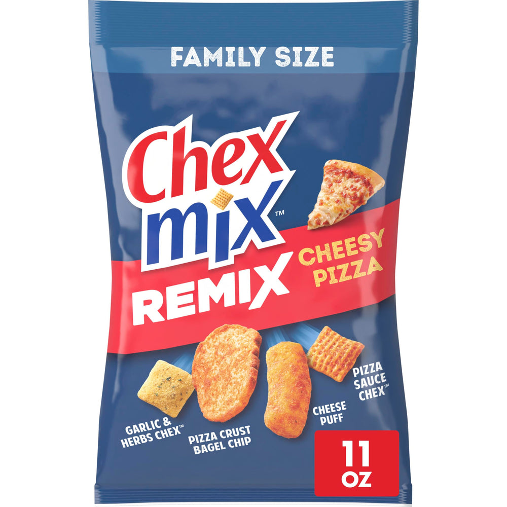 Chex Mix Remix Cheesy Pizza snack bag shows pizza-flavored crunch for gatherings