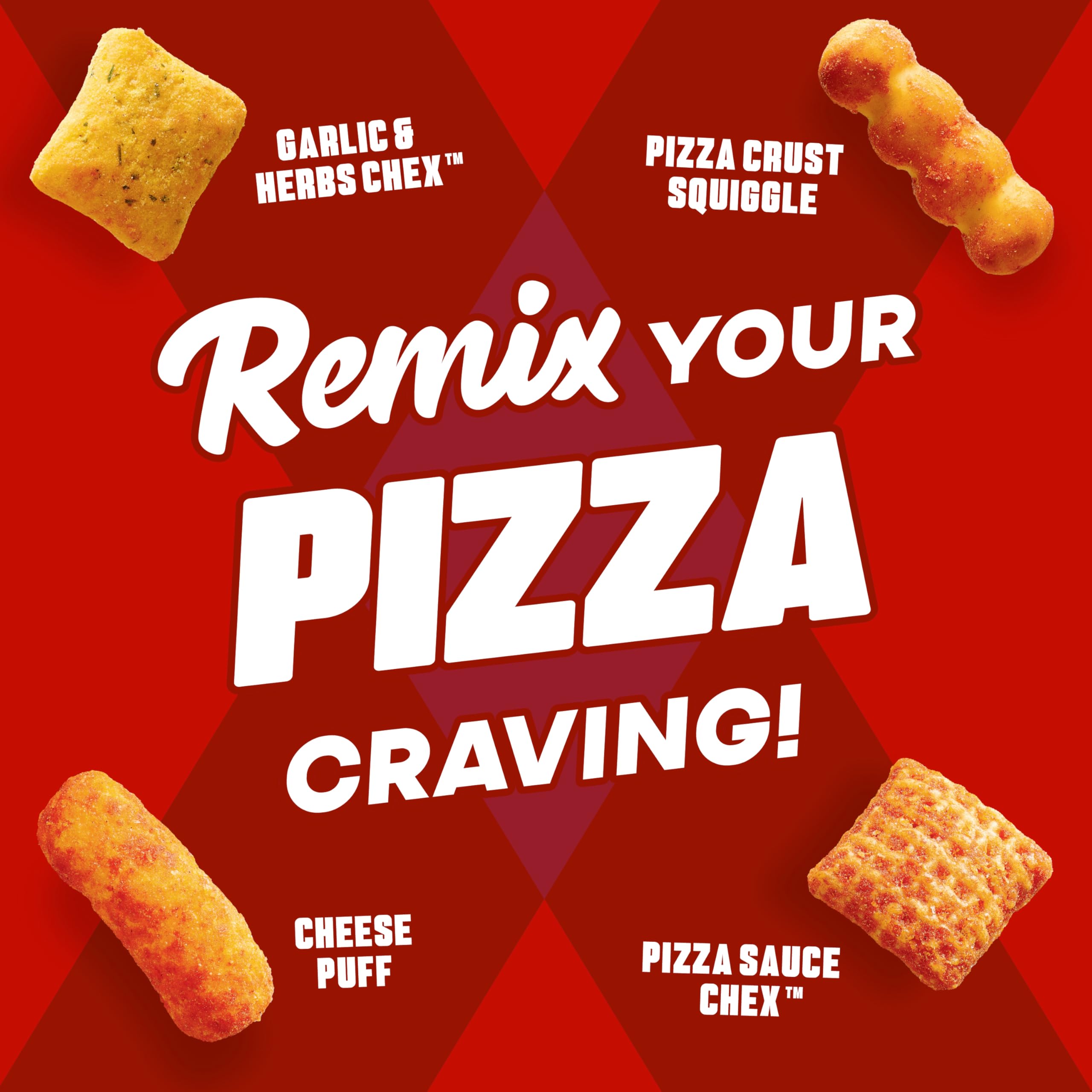 Chex Mix Remix pizza crust squiggles close-up illustrates texture variety