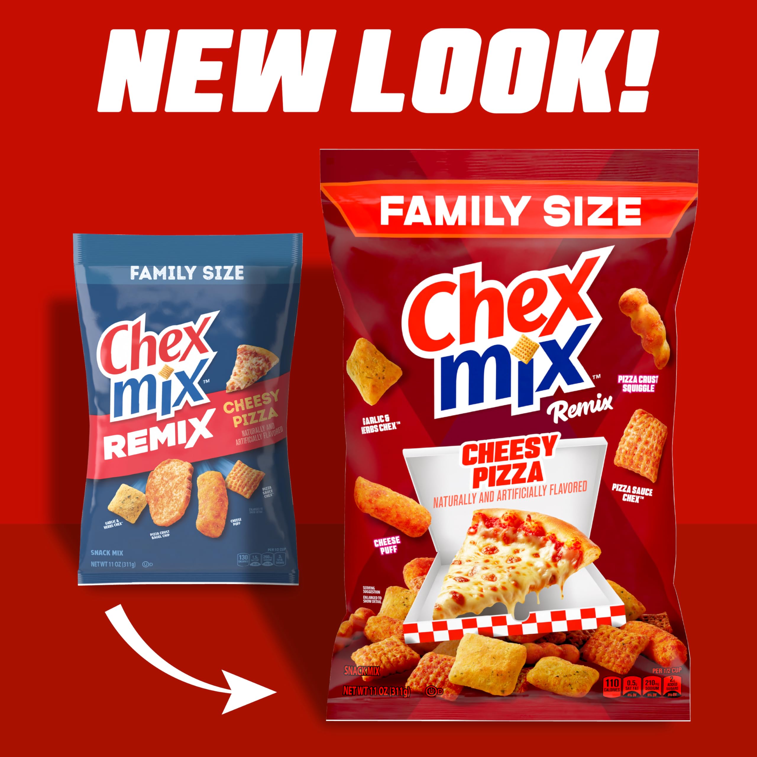 Chex Mix Remix pizza sauce Chex close-up emphasizes bold pizza flavor