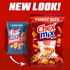 Chex Mix Remix pizza sauce Chex close-up emphasizes bold pizza flavor