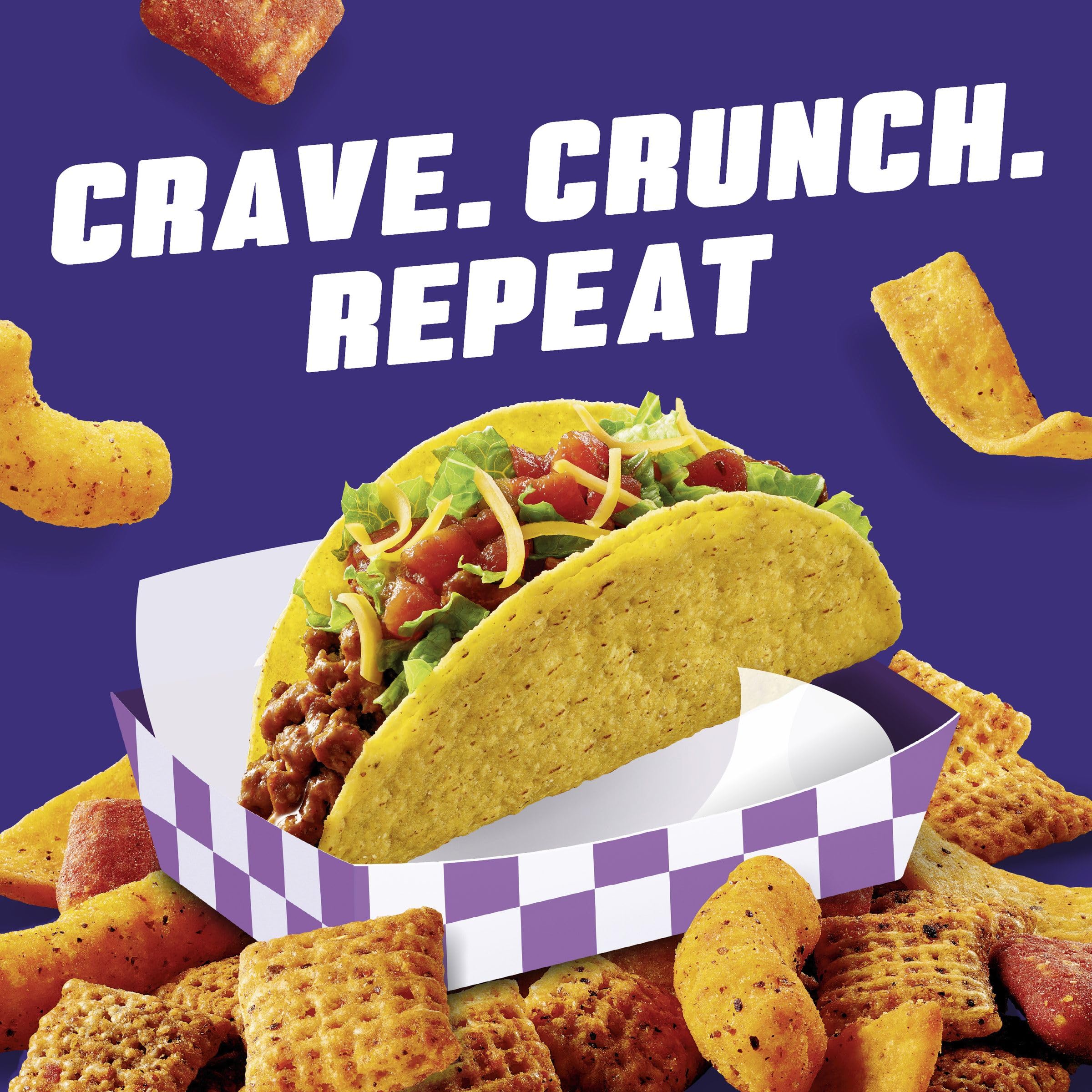 Chex Mix Remix Zesty Taco crunch closeup emphasizes crisp texture and bite.