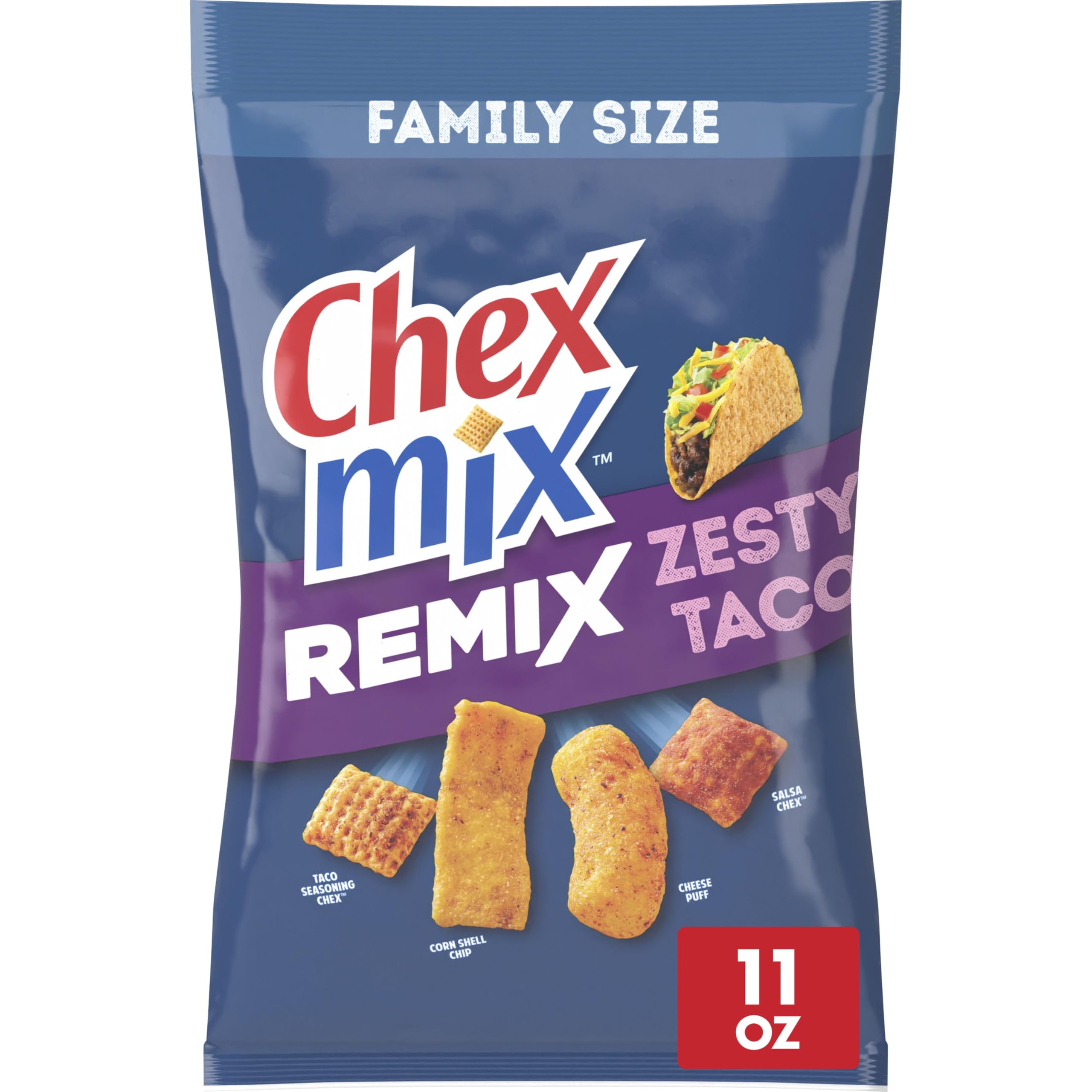 Chex Mix Remix Zesty Taco front bag shows bold taco flavors for shareable snacking.